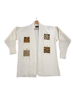 Vintage Focus Cardigan Sweater Womens One Size White Leopard Studded Open Front